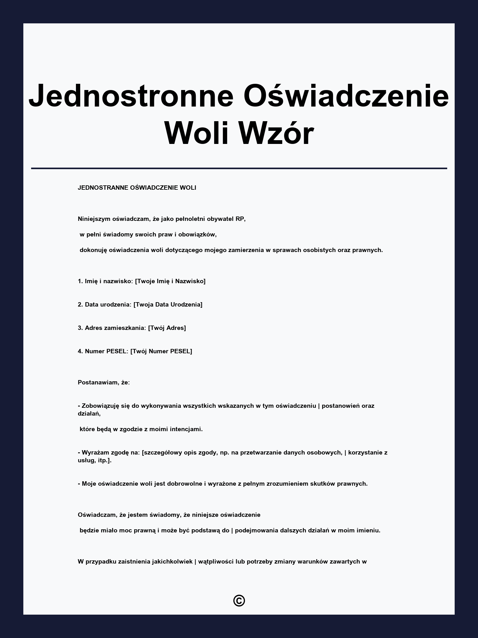 Jednostronne Oświadczenie Woli Wzór