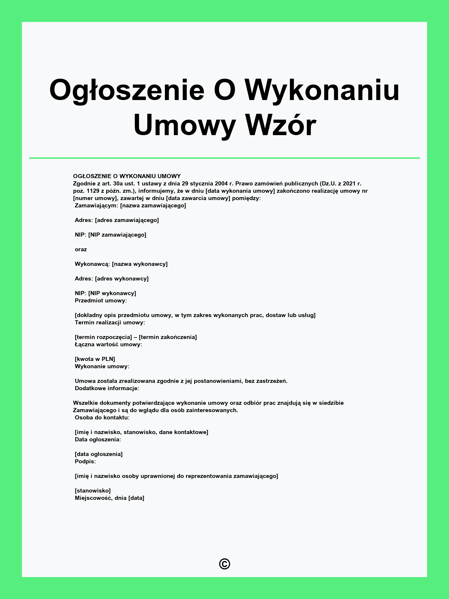 Ogłoszenie O Wykonaniu Umowy Wzór