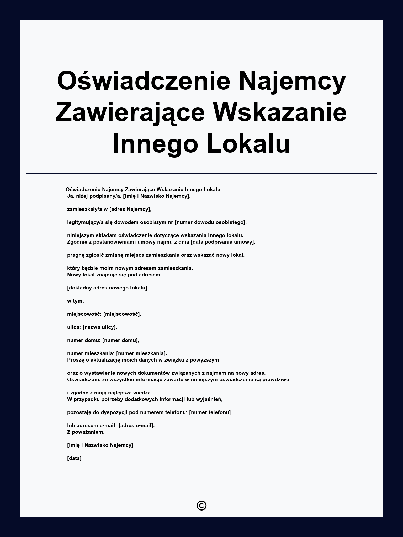 Oświadczenie Najemcy Zawierające Wskazanie Innego Lokalu