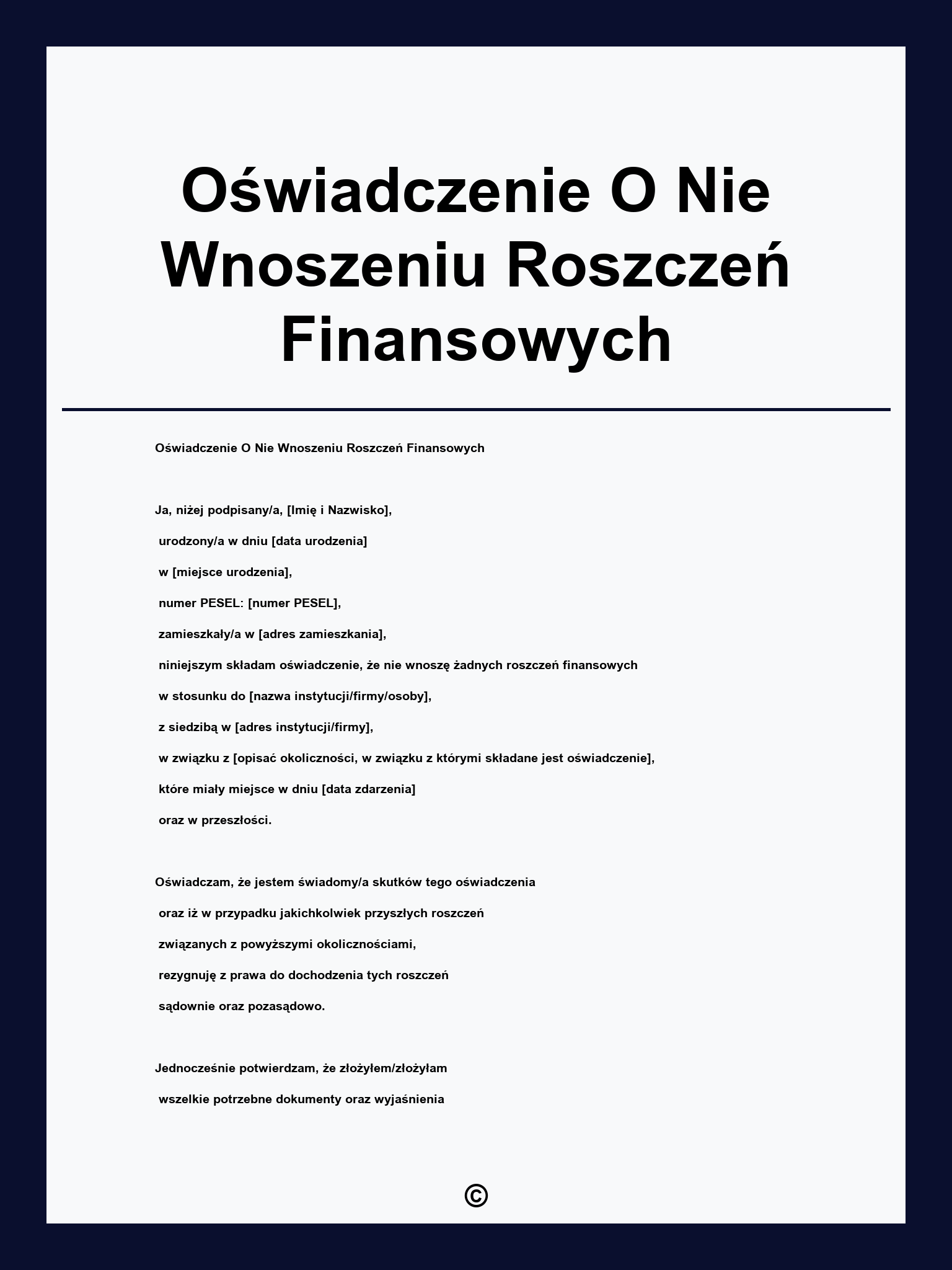 Oświadczenie O Nie Wnoszeniu Roszczeń Finansowych