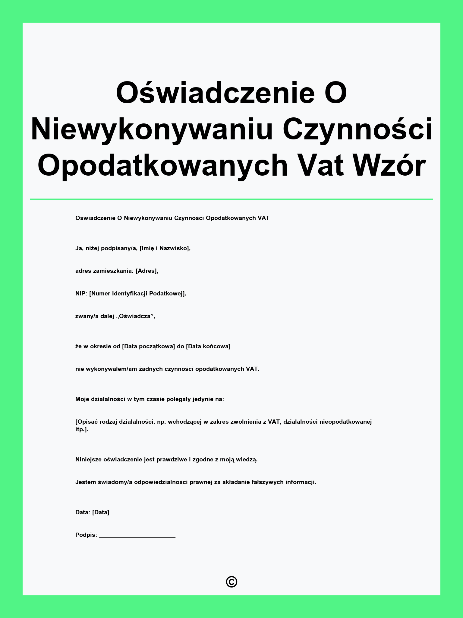 Oświadczenie O Niewykonywaniu Czynności Opodatkowanych Vat Wzór