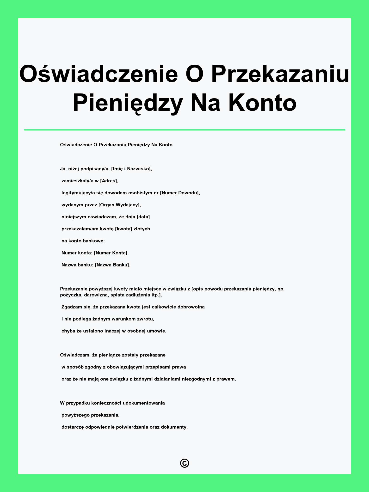 Oświadczenie O Przekazaniu Pieniędzy Na Konto