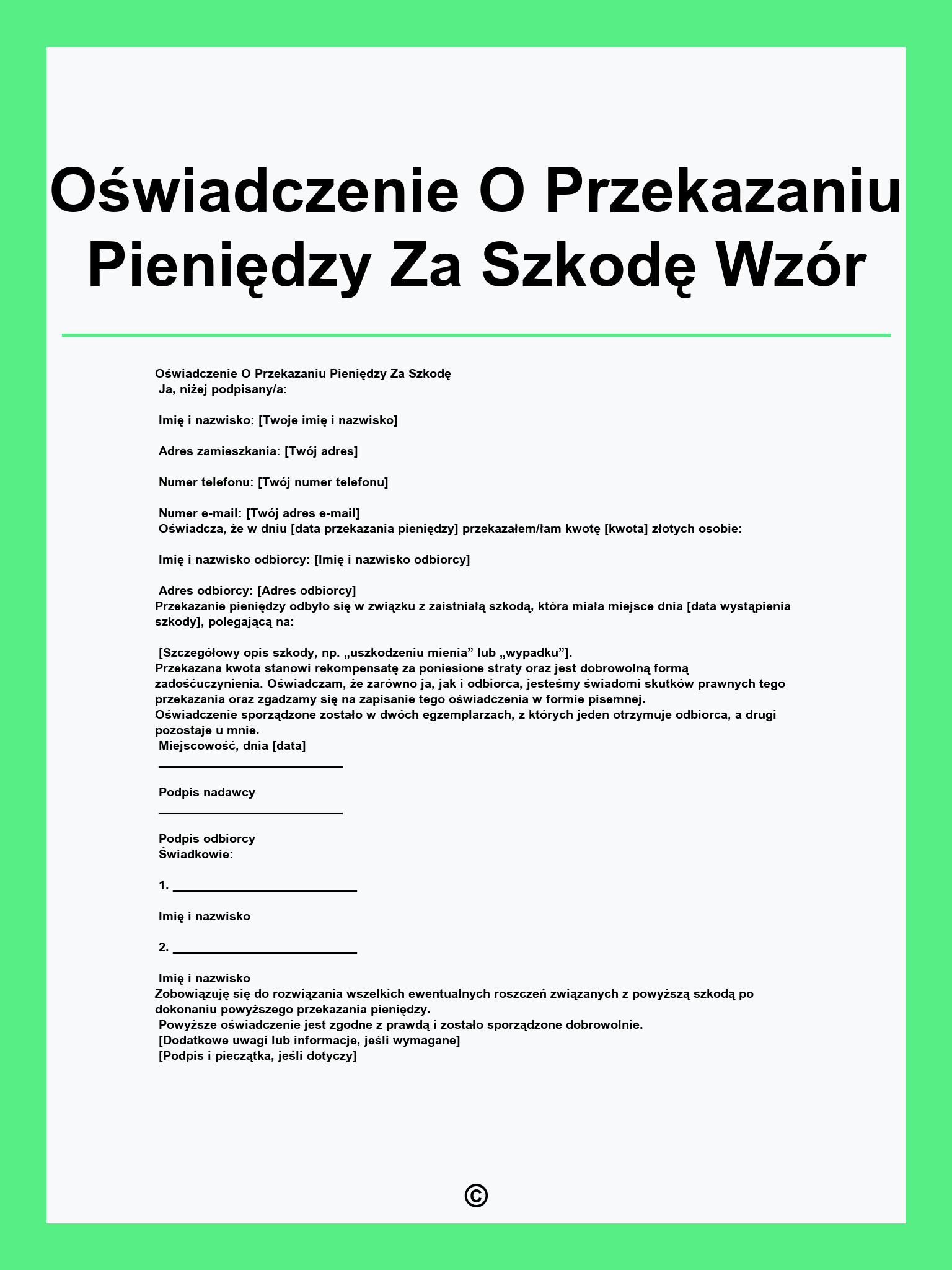 Oświadczenie O Przekazaniu Pieniędzy Za Szkodę Wzór