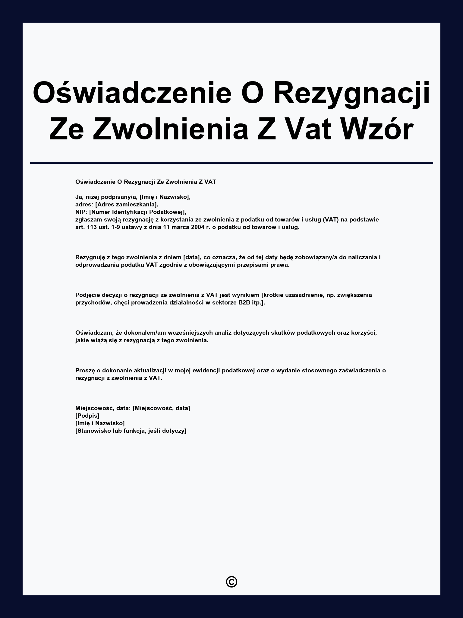 Oświadczenie O Rezygnacji Ze Zwolnienia Z Vat Wzór