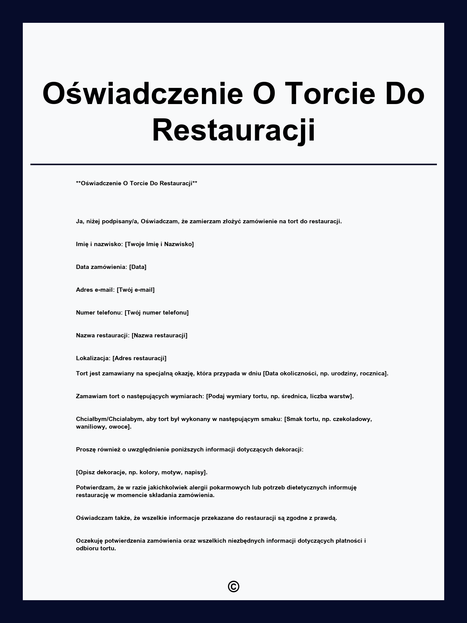 Oświadczenie O Torcie Do Restauracji