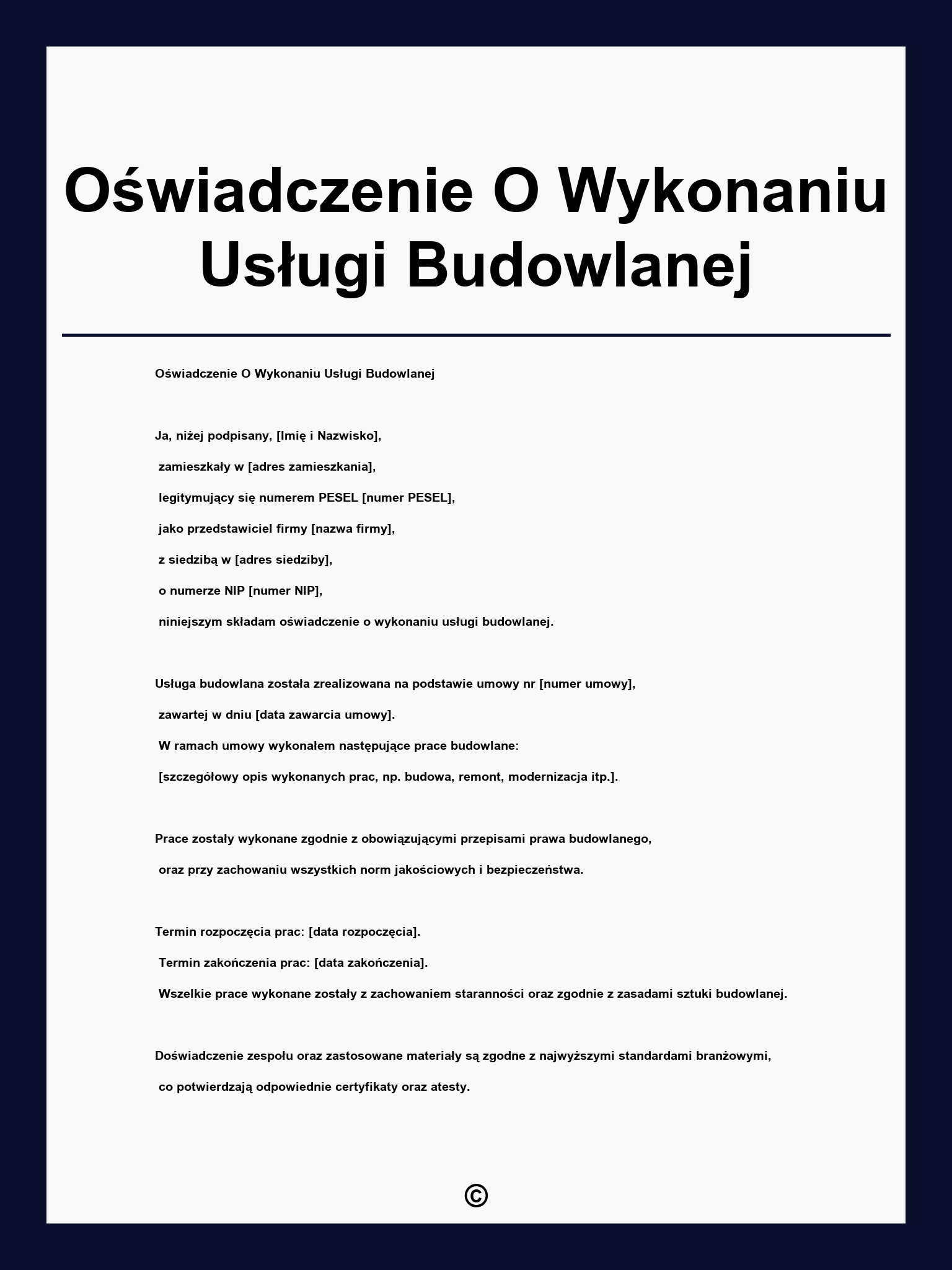 Oświadczenie O Wykonaniu Usługi Budowlanej