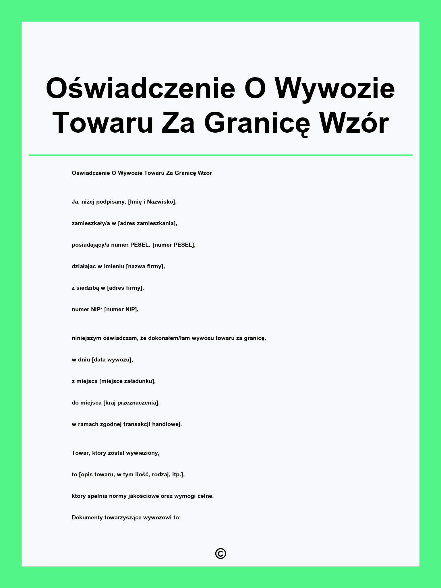 Oświadczenie O Wywozie Towaru Za Granicę Wzór