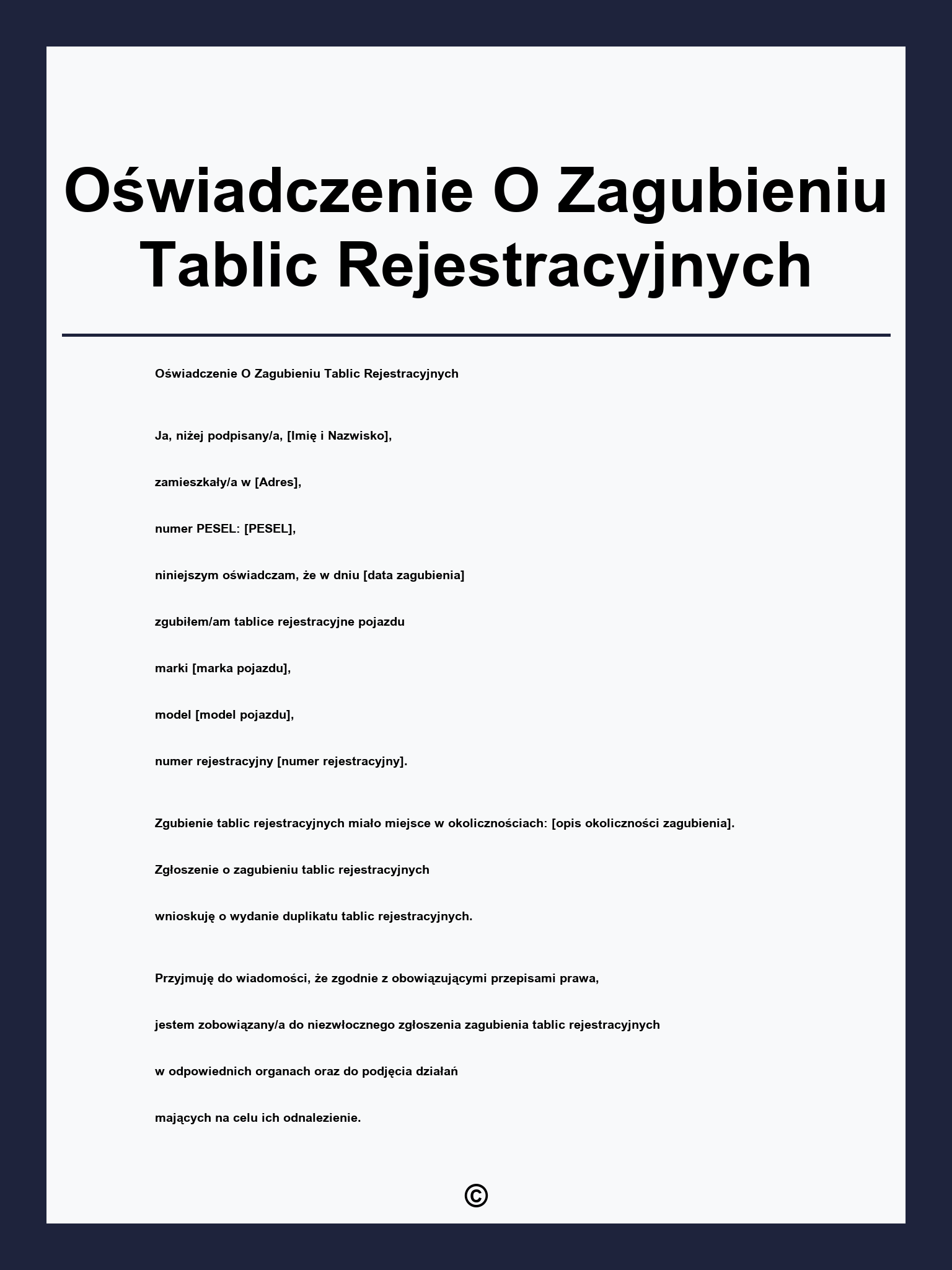Oświadczenie O Zagubieniu Tablic Rejestracyjnych