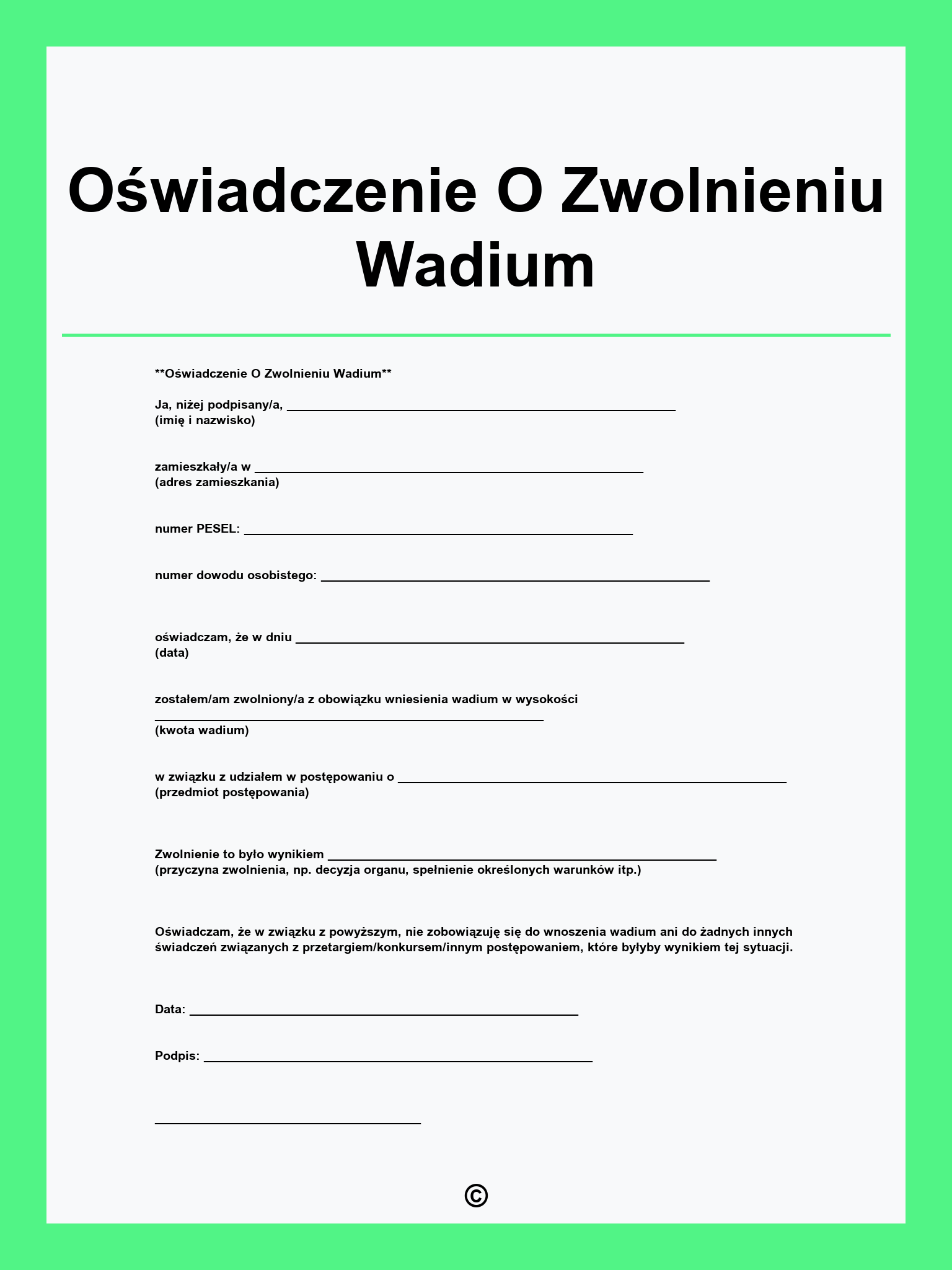Oświadczenie O Zwolnieniu Wadium