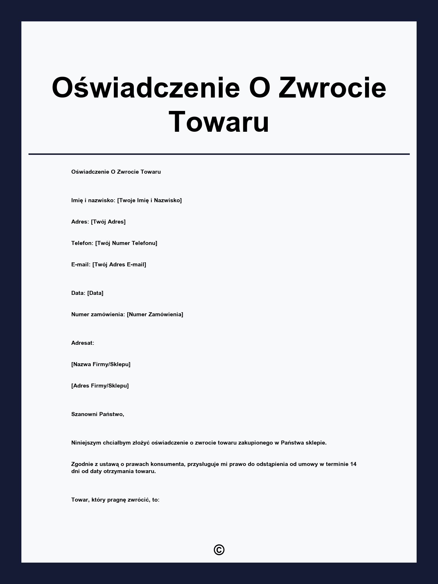 Oświadczenie O Zwrocie Towaru