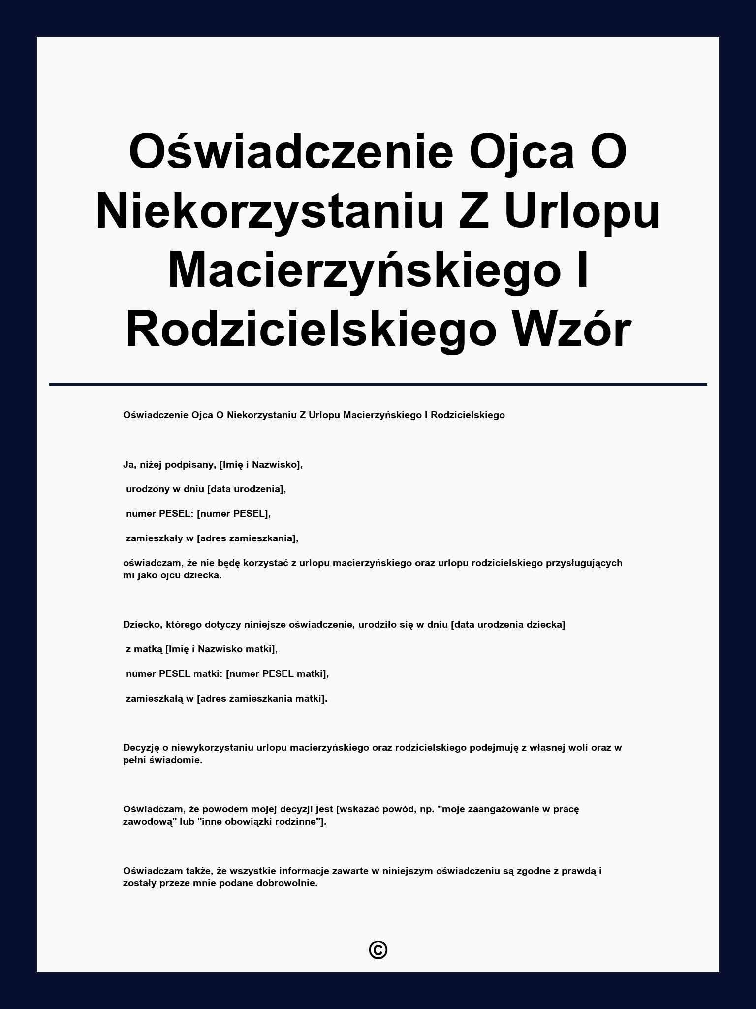 Oświadczenie Ojca O Niekorzystaniu Z Urlopu Macierzyńskiego I Rodzicielskiego Wzór