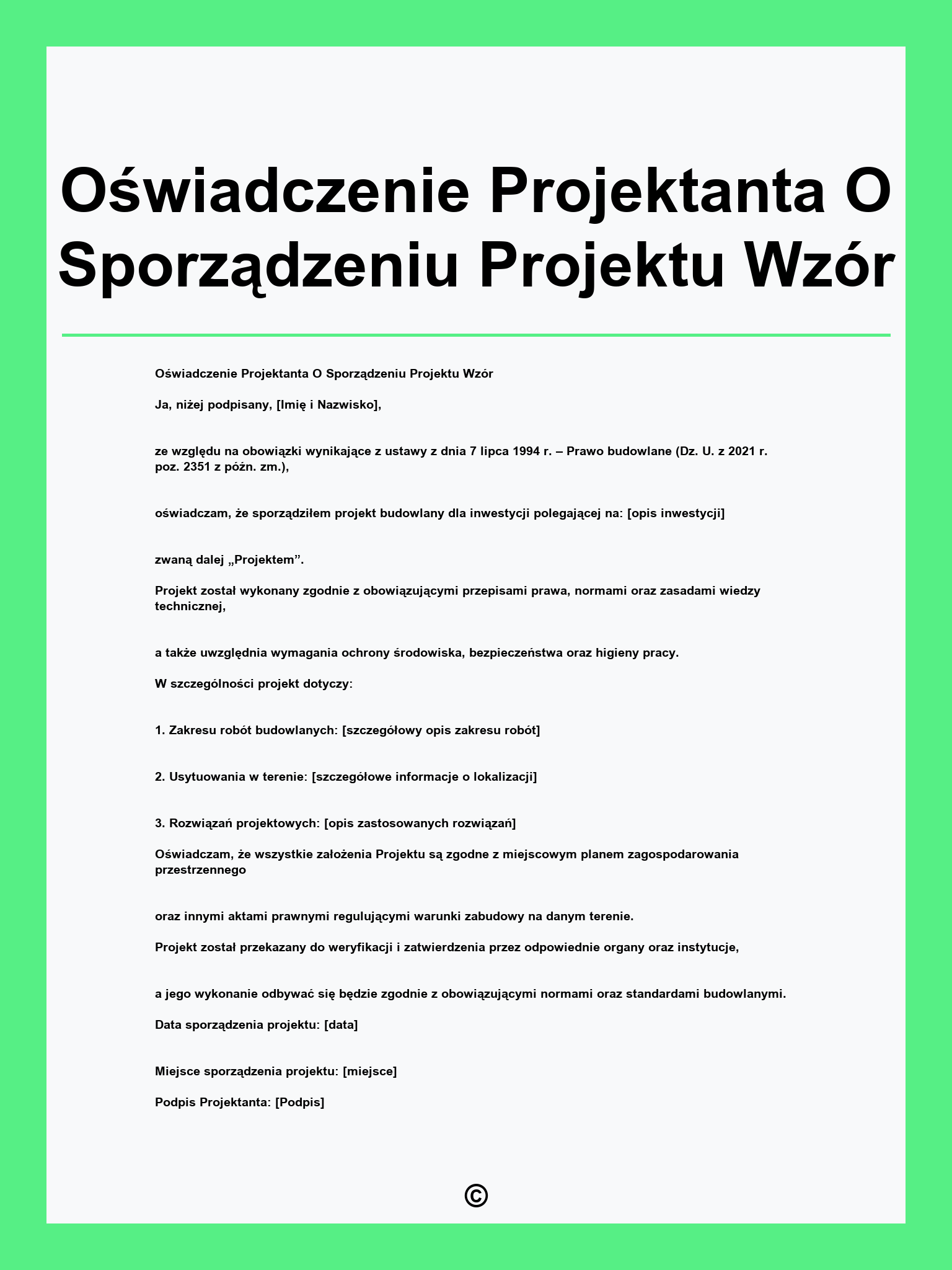 Oświadczenie Projektanta O Sporządzeniu Projektu Wzór