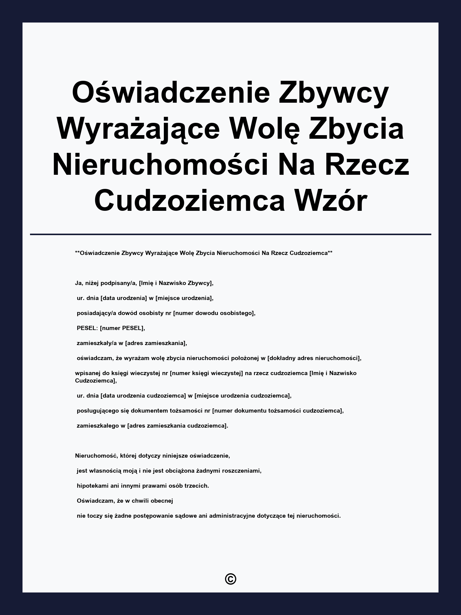 Oświadczenie Zbywcy Wyrażające Wolę Zbycia Nieruchomości Na Rzecz Cudzoziemca Wzór