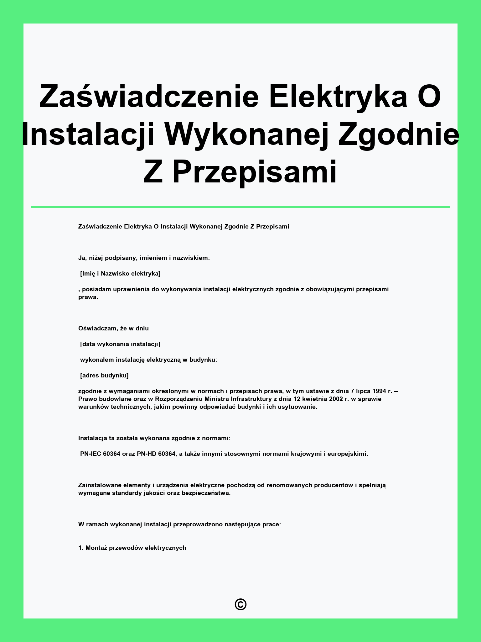 Zaświadczenie Elektryka O Instalacji Wykonanej Zgodnie Z Przepisami