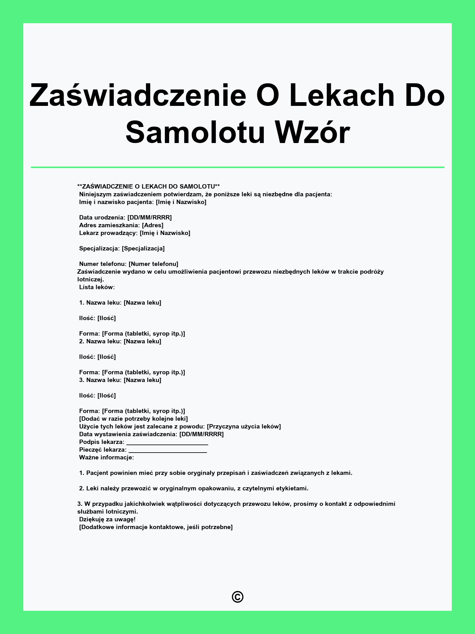Zaświadczenie O Lekach Do Samolotu Wzór
